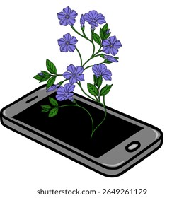 Ilustração vetorial de um smartphone com um delicado ramo de flores de caramujo emergindo de sua tela, simbolizando a fusão da natureza e da tecnologia.