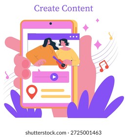 Ilustração vetorial de um smartphone exibindo a criação de conteúdo com duas pessoas interagindo. O design vibrante com símbolos musicais e elementos de comunicação enfatiza a criatividade.