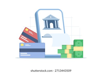 Ilustración vectorial de teléfonos inteligentes que muestran pagos en línea con Comprobante, tarjeta de crédito y moneda de oro, que simbolizan las finanzas digitales, las transacciones sin efectivo y las soluciones de marketing.