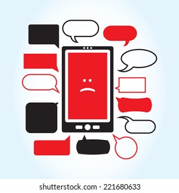 A vector illustration with a smartphone displaying a sad face icon surrounded by a series of mean looking text boxes.