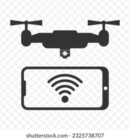 Vector illustration of smartphone to drone connection icon in dark color and transparent background(PNG).