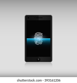 Vector illustration of the smartphone with fingerprint scanning on the display.