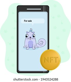 Ilustración vectorial de un smartphone con mascota virtual Funny y un icono de tokens no fungible. Arte criptográfico de NFT