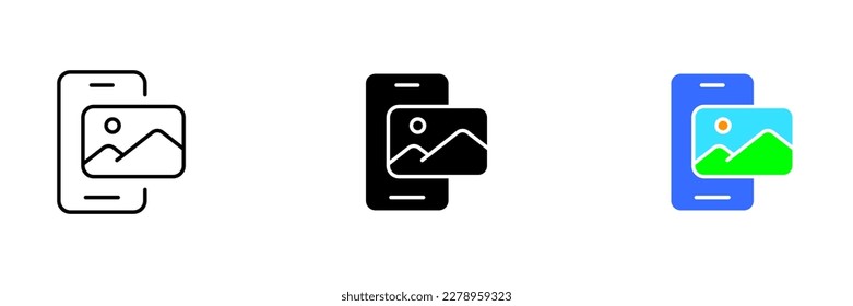 A vector illustration of a smartphone with a gallery icon, which represents the device's photo and video gallery. Vector set of icons in line, black and colorful styles isolated.