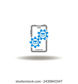 Ilustración vectorial de smartphone y ruedas dentadas con cartas de correo. Icono del servicio móvil empresarial. Símbolo de correo electrónico, chat y comunicación de gestión en línea.