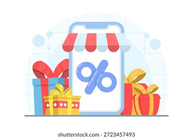 Vektorgrafik eines Smartphones mit Geschenkbox für Online-Shopping-Promotion. Konzept für Verkaufsveranstaltungen, Rabatte, Sonderangebote und moderne E-Commerce-Werbevisuals.