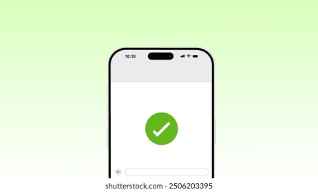 Vector illustration of a smartphone with a green checkmark symbol on the screen, representing success, confirmation, or completion. 