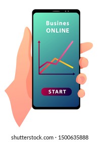 A vector illustration of a smartphone in a hand with graphs and statistics on a green screen. Isolated illustration on a white background.