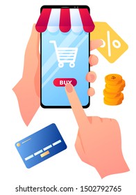 A vector illustration of a smartphone in a hand and money and credit card. Basket on a blue screen. Isolated illustration on a white background.