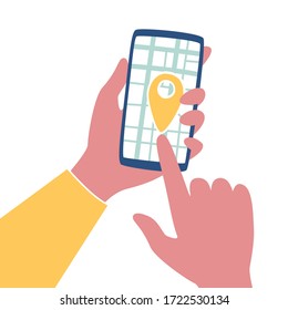 Vector illustration smartphone in hands. Cartoon drawing of hands and map application and geo location icon.