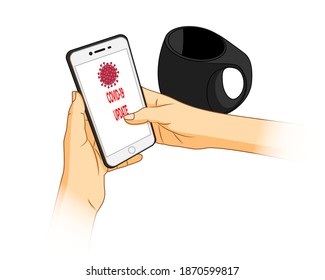Vector illustration of smartphone in hands showing Covid-19 Update concept, Coronavirus outbreak News. Mobile in hand mockup with mug.