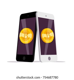 Vector illustration with smartphone having golden coin with bitcoin emblem on its screen isolated on white background. Mobile device and cryptocurrency symbol. Digital money and gadget pic.
