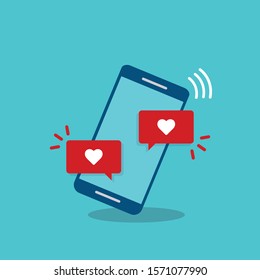 Vector illustration smartphone with heart emoji speech bubble get message on screen. Social network and mobile device concept. Flat design for print, websites, web banner.