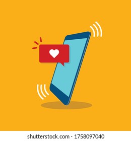 Vector illustration smartphone with heart emoji speech bubble get message on screen. Social network and mobile device concept. Flat design for print, websites, web banner