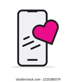 Vector illustration smartphone with heart emoji getting message on screen. Social network and mobile device concept. Graphics for websites, web banners.
