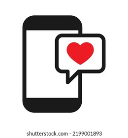 Vector illustration smartphone with heart emoji speech bubble get message on screen. Social network and mobile device concept. Graphic for websites, web banner.