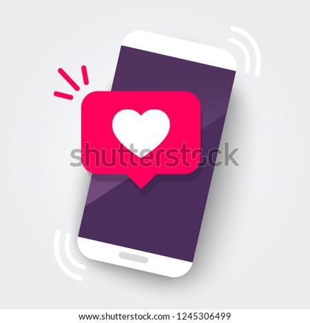 Vector illustration smartphone with heart emoji speech bubble get message on screen. Social network and mobile device concept. Graphic for websites, web banner.