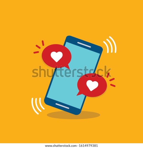 Vector illustration
smartphone with heart emoji speech bubble get message on screen.
Social network and mobile device concept. Flat design for print,
websites, web banner.