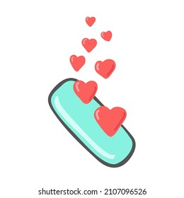 Vector illustration of smartphone. Hearts fly up from the smartphone. It is isolated on white background in cartoon style.