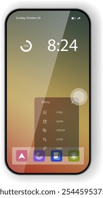 A vector illustration of a smartphone home screen displaying a modern gradient background, digital clock, battery status, and a menu pop up with options like copy, paste, refresh, undo, and redo