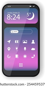 Ilustração vetorial de uma tela inicial do smartphone com um fundo de gradiente moderno, mostrando o tempo, o tempo e vários ícones de aplicativos, incluindo navegação, galeria, contatos e barra de pesquisa
