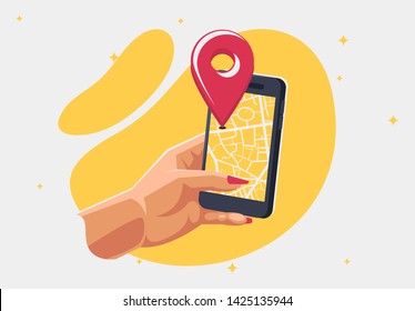  vector illustration of a smartphone in human hand, on the screen shows the location of the dislocation, location icon