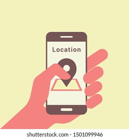 vector illustration of a smartphone in human hand, on the screen shows the location of the dislocation, location icon