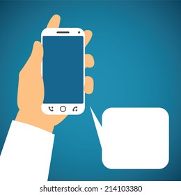 Vector illustration of smartphone in human hand with speech bubble