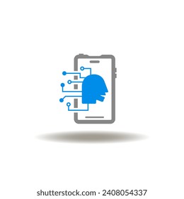 Vector illustration of smartphone with human head and circuit. Icon of mobile AI neural online web network. Symbol of phone artificial intelligence technology.