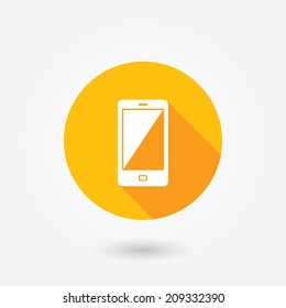 Vector illustration of smartphone icon. Flat icon with long shadow. Orange and white colors