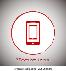 Vector illustration of smartphone icon Red round button on a gray background