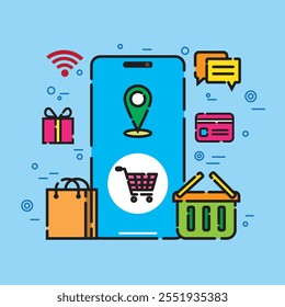 Ilustração vetorial de um smartphone com ícones representando compras, navegação, mensagens, pagamento, presentes e funções de carrinho, mostrando utilitários de aplicativo modernos em um estilo vibrante.