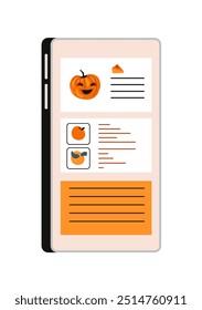 Ilustração vetorial de uma interface de smartphone com ícones de abóbora de Halloween e detalhes festivos, isolados em um fundo branco. Perfeito para maquetes de aplicativos com tema de Halloween ou designs de mídia social.