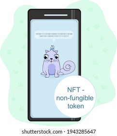 Vector illustration of a smartphone with kitty looking up to binary encoded text Start Meow