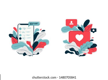 Vector illustration of smartphone with large leaves in the background, the pattern of the messenger, the Symbol of like, comments and new user