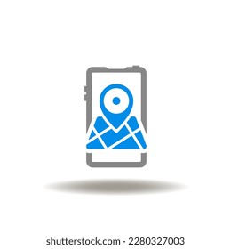 Vector illustration of smartphone and location pointer and map. Icon of geo targeting. Sign of phone app navigator. Symbol of tracking, delivery.