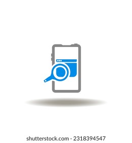Vector illustration of smartphone with magnifier and web page. Icon of CMS Content Management System. Symbol of mobile web search.