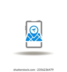 Vector illustration of smartphone with map and navigation place pin pointer. Icon of gps navigator. Symbol of tracking.