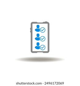 Vector illustration of smartphone and men with check marks. Icon of refer a friend. Symbol of chatting, online communication, meeting.