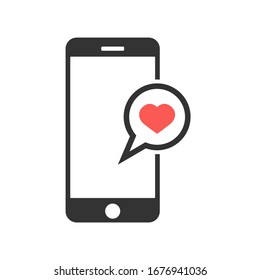 Ilustración vectorial mensaje de smartphone con mensaje de burbuja de habla cardíaca en el icono de pantalla. Concepto de redes sociales y dispositivos móviles. Gráfico para sitios web, banner web.
