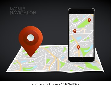 Vector illustration of smartphone with mobile navigation app on screen. Route map with symbols showing location of man. Vector illustration.