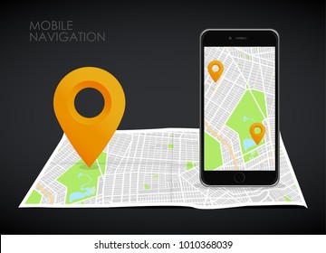 Vector illustration of smartphone with mobile navigation app on screen. Route map with symbols showing location of man. Vector illustration.