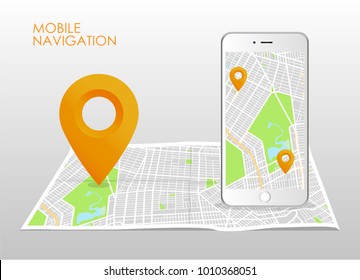 Vector illustration of smartphone with mobile navigation app on screen. Route map with symbols showing location of man. Vector illustration.