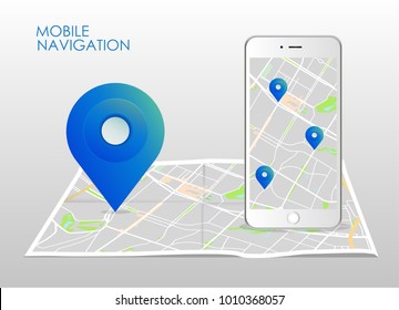 Vector illustration of smartphone with mobile navigation app on screen. Route map with symbols showing location of man. Vector illustration.