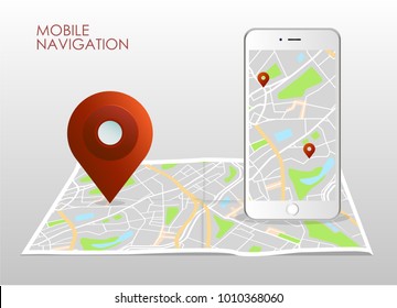 Vector illustration of smartphone with mobile navigation app on screen. Route map with symbols showing location of man. Vector illustration.