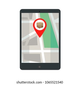 Vector illustration of smartphone with mobile navigation app on screen. Route map with symbols showing location of man. Global Positioning System concept design element in flat style.