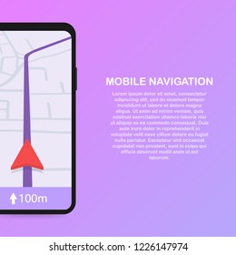 Vector illustration of smartphone with mobile navigation app on screen. Route map with symbols showing location of man. Vector stock illustration.