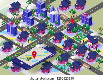 Vector illustration of smartphone with mobile navigation app on screen