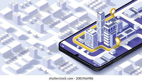 Vector illustration of smartphone with mobile navigation app on screen. Route map with symbols showing location of man. Global Positioning System concept design element in flat style.