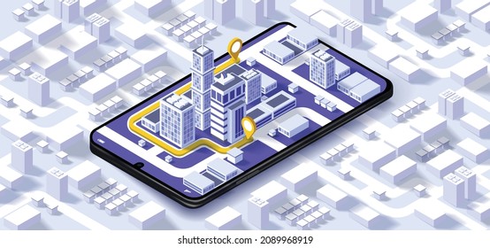 Vector illustration of smartphone with mobile navigation app on screen. Route map with symbols showing location of man. Global Positioning System concept design element in flat style.